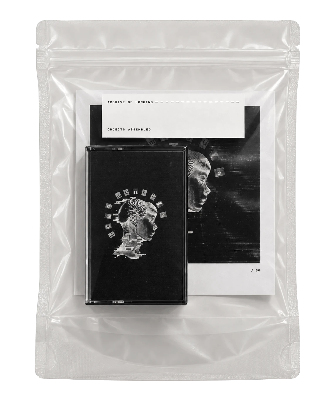 AOL–T001 Homo Mensura EP cassette and printed matter assembled in a clear archival pouch